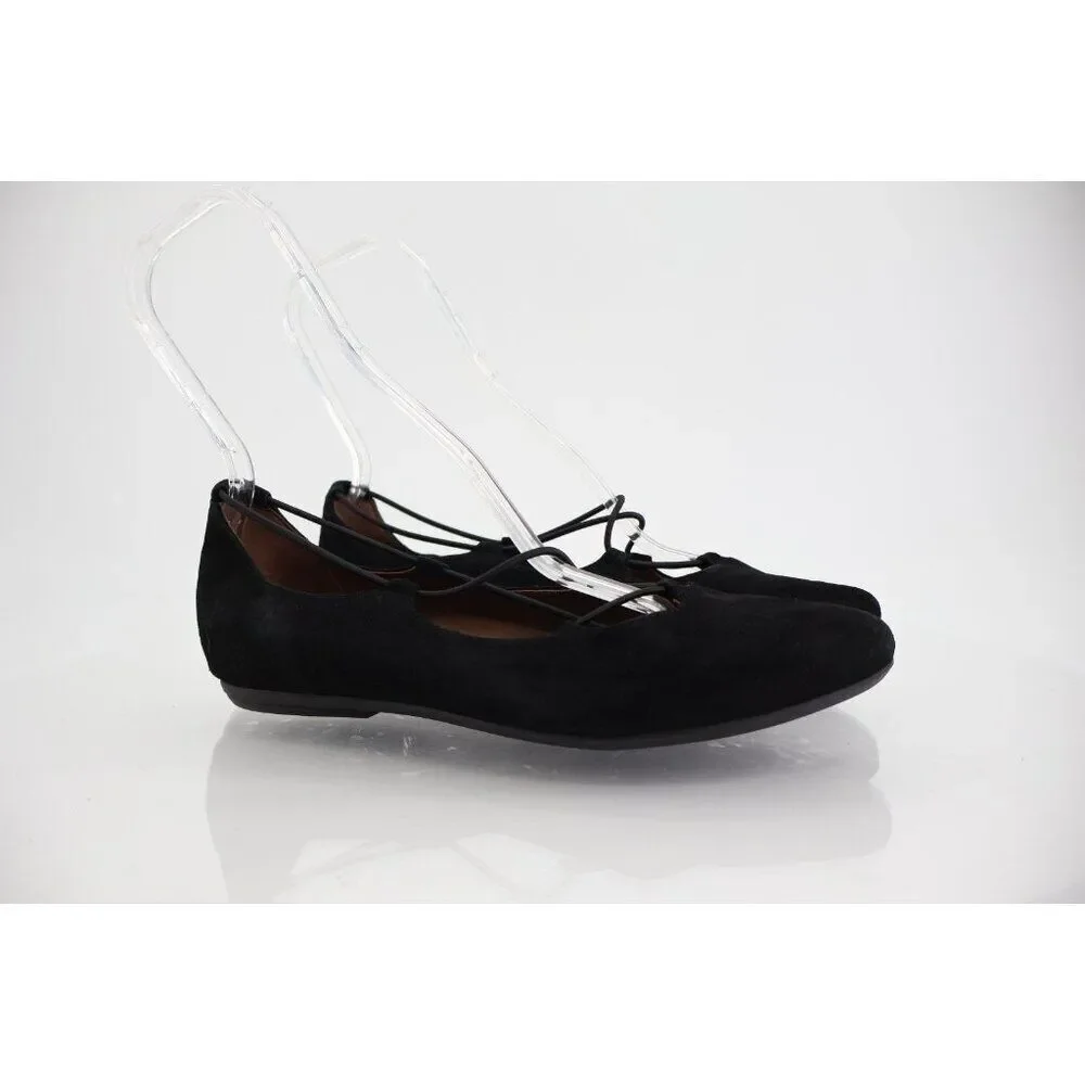 Earthies Essen Ballet Flats 10 B Cages Elastic Strap Black Suede Comfy Pointy